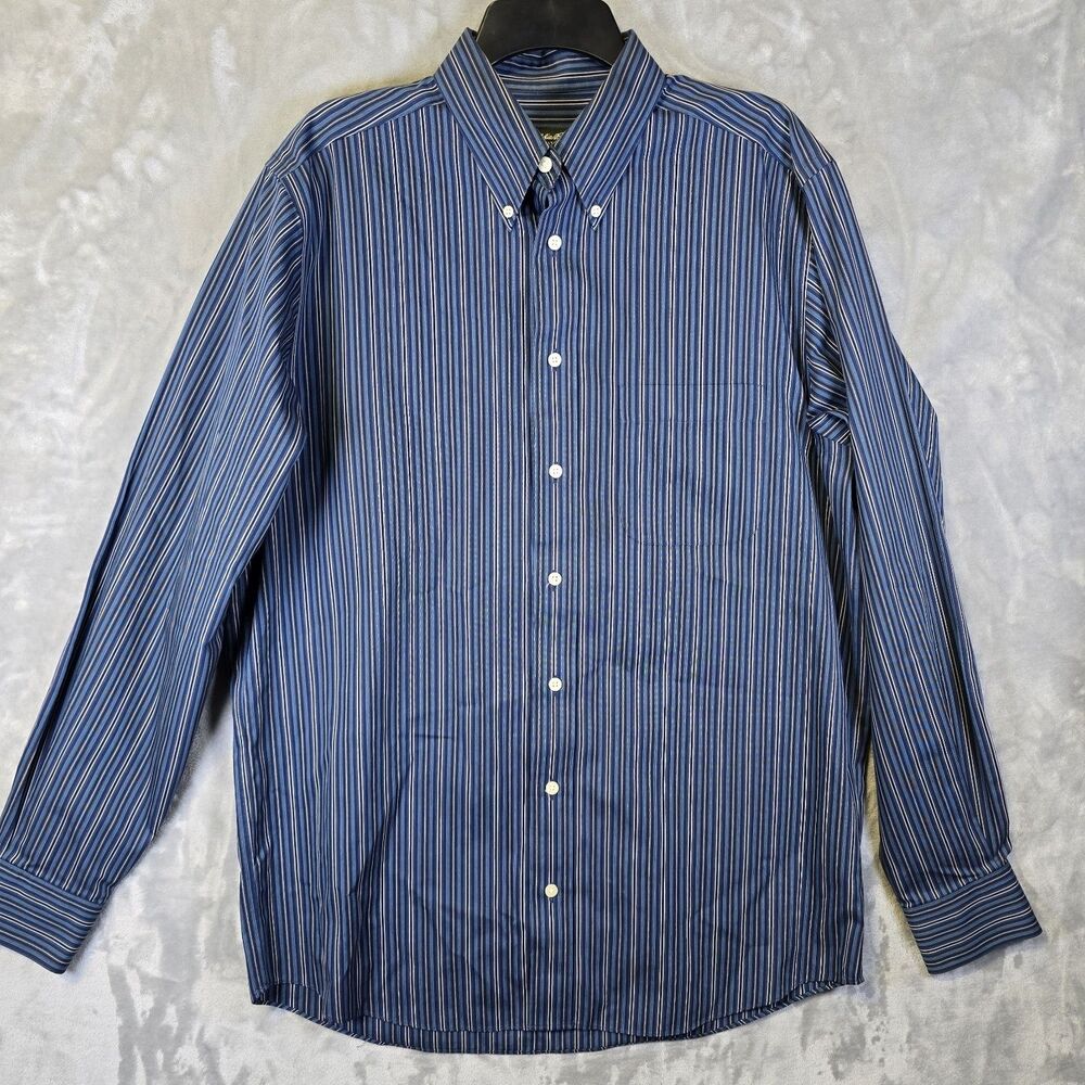 Eddie Bauer Dress Shirt Med Tall Wrinkle Resistant Relaxed Fit Blue Striped
